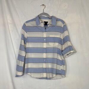 Ann Taylor Blue & White Wide-Striped 100 % Cotton Button-Down Shirt